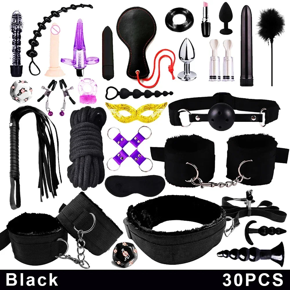 Fetish BDSM Kit Set Sex Toy Handcuffs for Woman Adult Supplies Handcuffs Whip Anal Plug Vibrator Bondage Rope Sexual Sexy Game