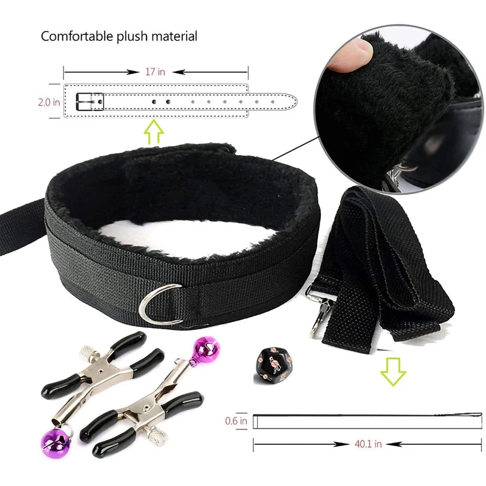 Fetish BDSM Kit Set Sex Toy Handcuffs for Woman Adult Supplies Handcuffs Whip Anal Plug Vibrator Bondage Rope Sexual Sexy Game