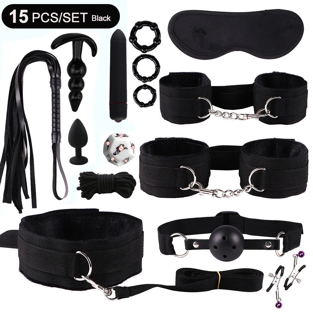 Fetish BDSM Kit Set Sex Toy Handcuffs for Woman Adult Supplies Handcuffs Whip Anal Plug Vibrator Bondage Rope Sexual Sexy Game