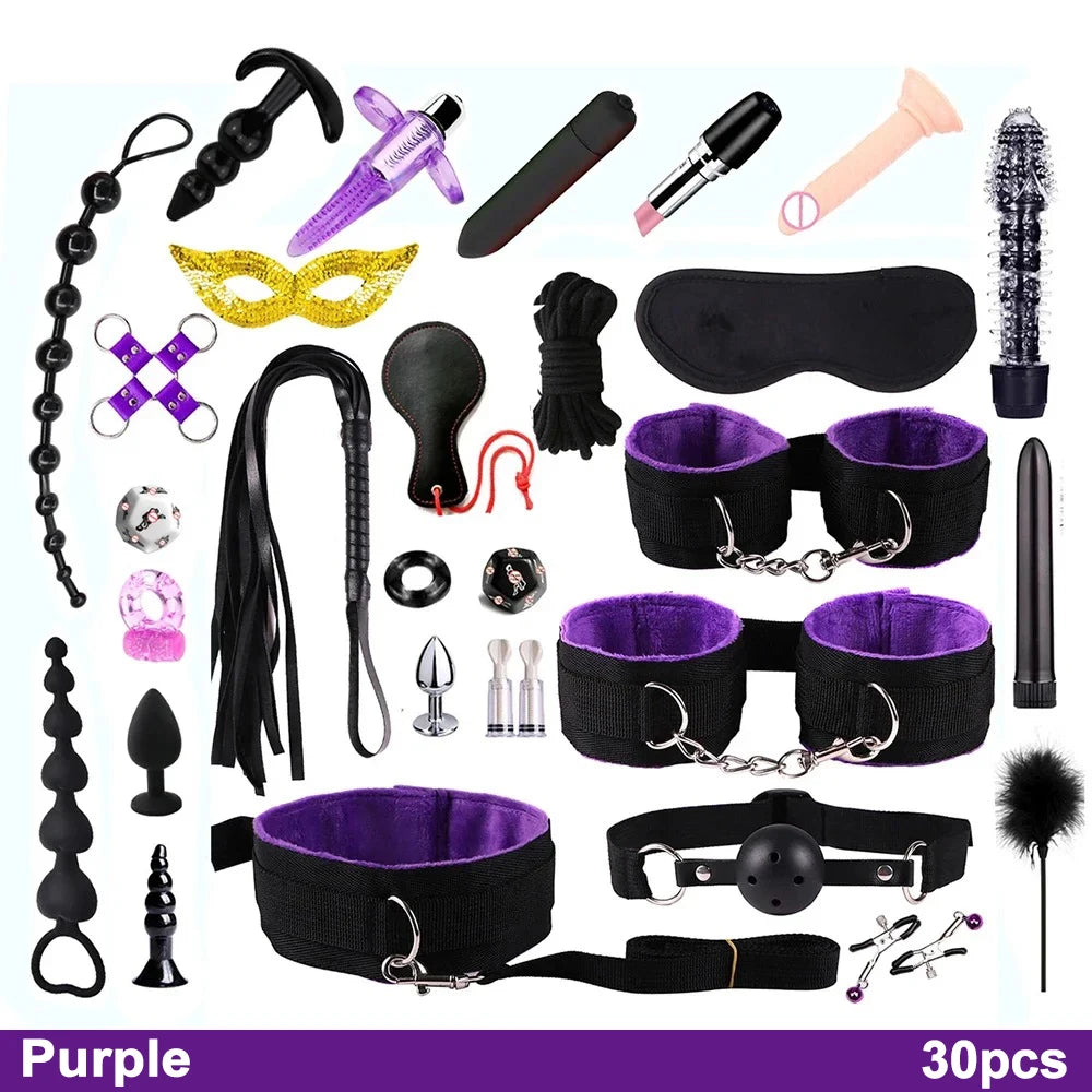 Fetish BDSM Kit Set Sex Toy Handcuffs for Woman Adult Supplies Handcuffs Whip Anal Plug Vibrator Bondage Rope Sexual Sexy Game