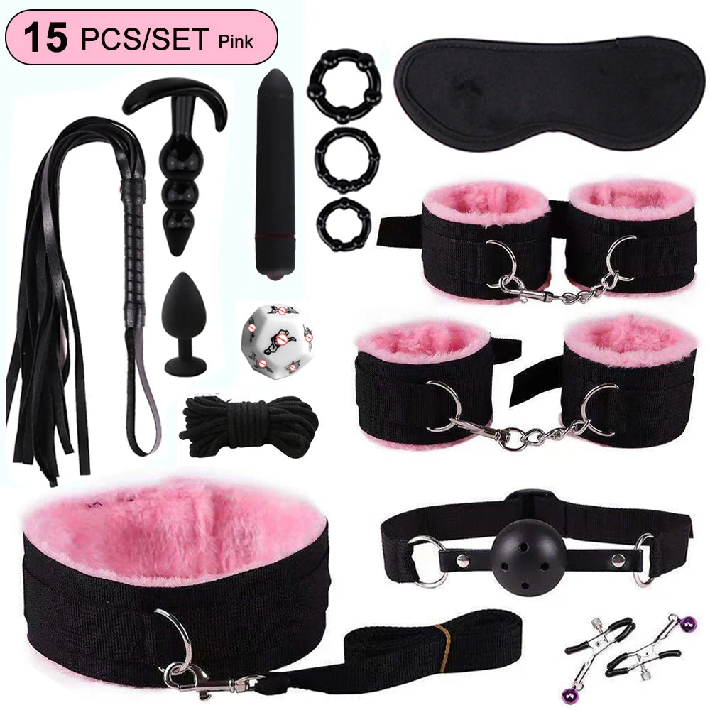 Fetish BDSM Kit Set Sex Toy Handcuffs for Woman Adult Supplies Handcuffs Whip Anal Plug Vibrator Bondage Rope Sexual Sexy Game