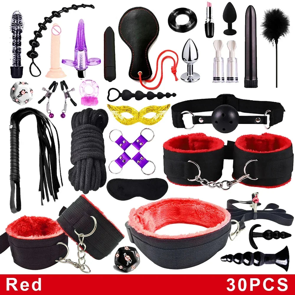 Fetish BDSM Kit Set Sex Toy Handcuffs for Woman Adult Supplies Handcuffs Whip Anal Plug Vibrator Bondage Rope Sexual Sexy Game