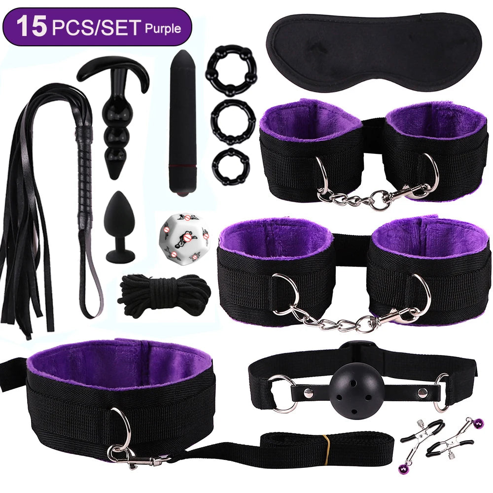 Fetish BDSM Kit Set Sex Toy Handcuffs for Woman Adult Supplies Handcuffs Whip Anal Plug Vibrator Bondage Rope Sexual Sexy Game