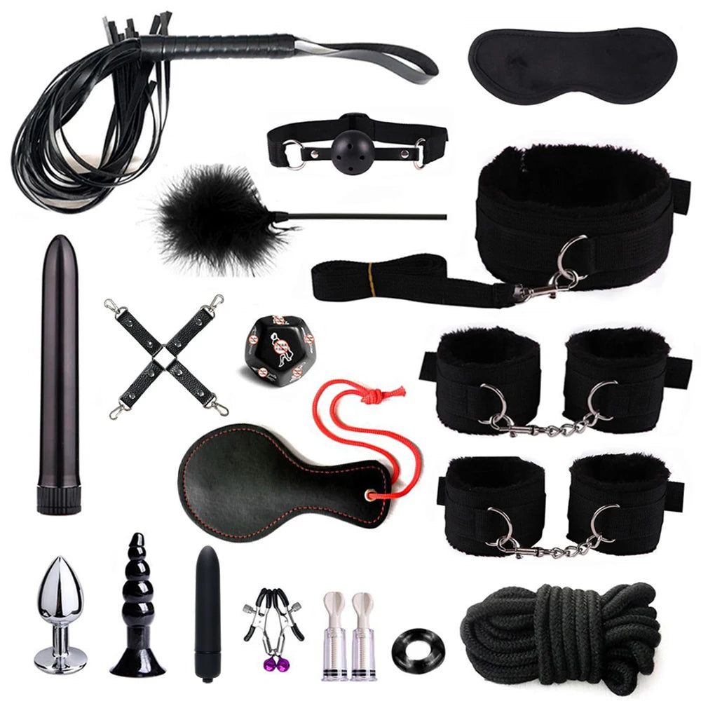 Fetish BDSM Kit Set Sex Toy Handcuffs for Woman Adult Supplies Handcuffs Whip Anal Plug Vibrator Bondage Rope Sexual Sexy Game