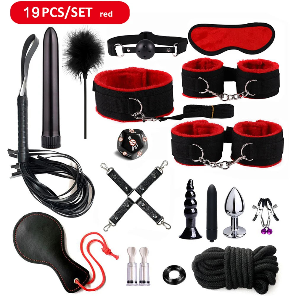 Fetish BDSM Kit Set Sex Toy Handcuffs for Woman Adult Supplies Handcuffs Whip Anal Plug Vibrator Bondage Rope Sexual Sexy Game