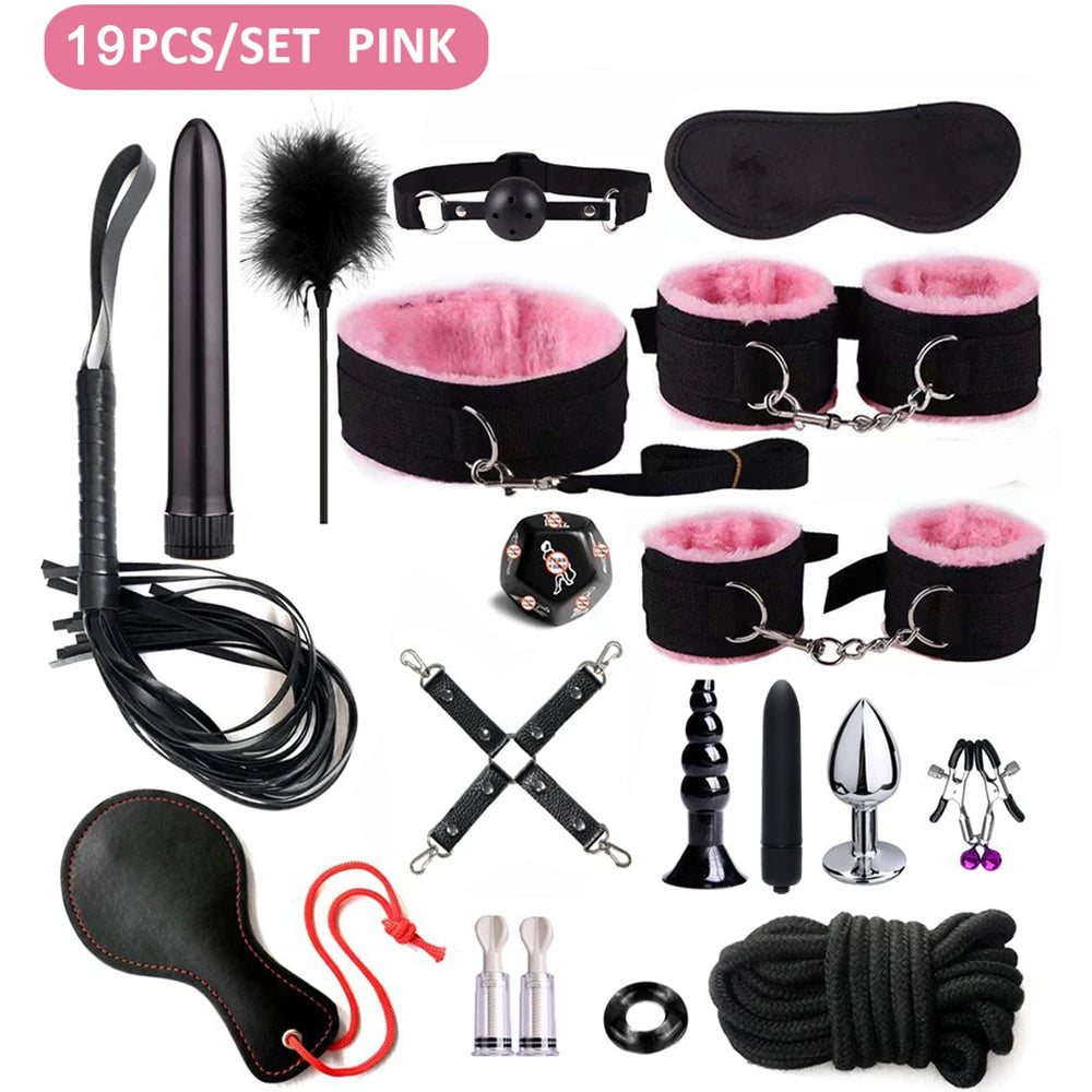 Fetish BDSM Kit Set Sex Toy Handcuffs for Woman Adult Supplies Handcuffs Whip Anal Plug Vibrator Bondage Rope Sexual Sexy Game