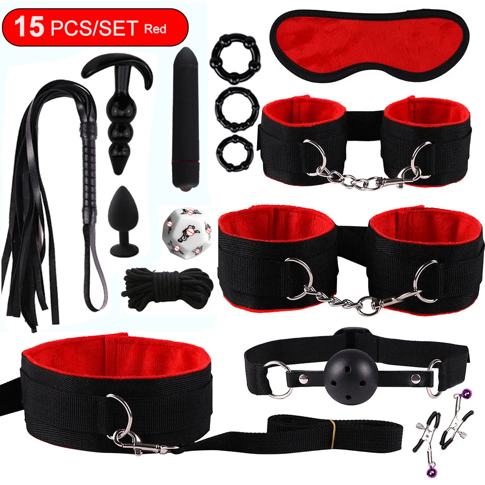 Fetish BDSM Kit Set Sex Toy Handcuffs for Woman Adult Supplies Handcuffs Whip Anal Plug Vibrator Bondage Rope Sexual Sexy Game