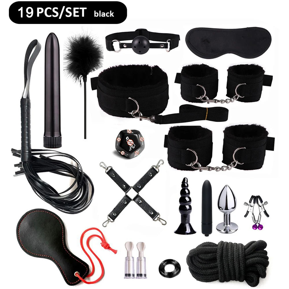 Fetish BDSM Kit Set Sex Toy Handcuffs for Woman Adult Supplies Handcuffs Whip Anal Plug Vibrator Bondage Rope Sexual Sexy Game